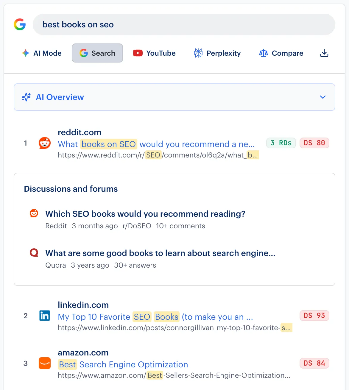 Research search results with AI Mode, Search, YouTube, and Perplexity views, an AI Overview, and ranked sources.