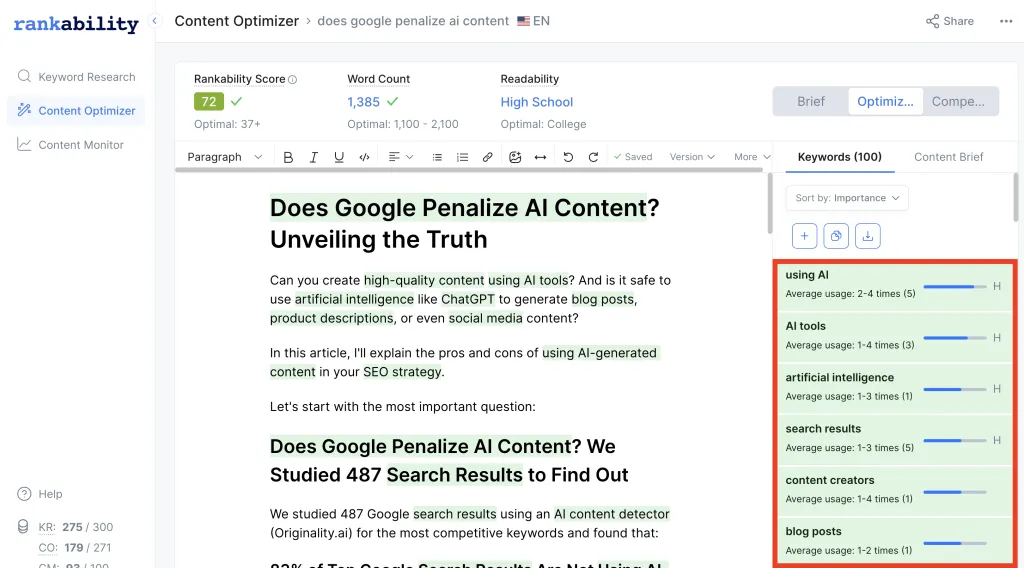 Rankability content optimizer interface showing NLP recommendations