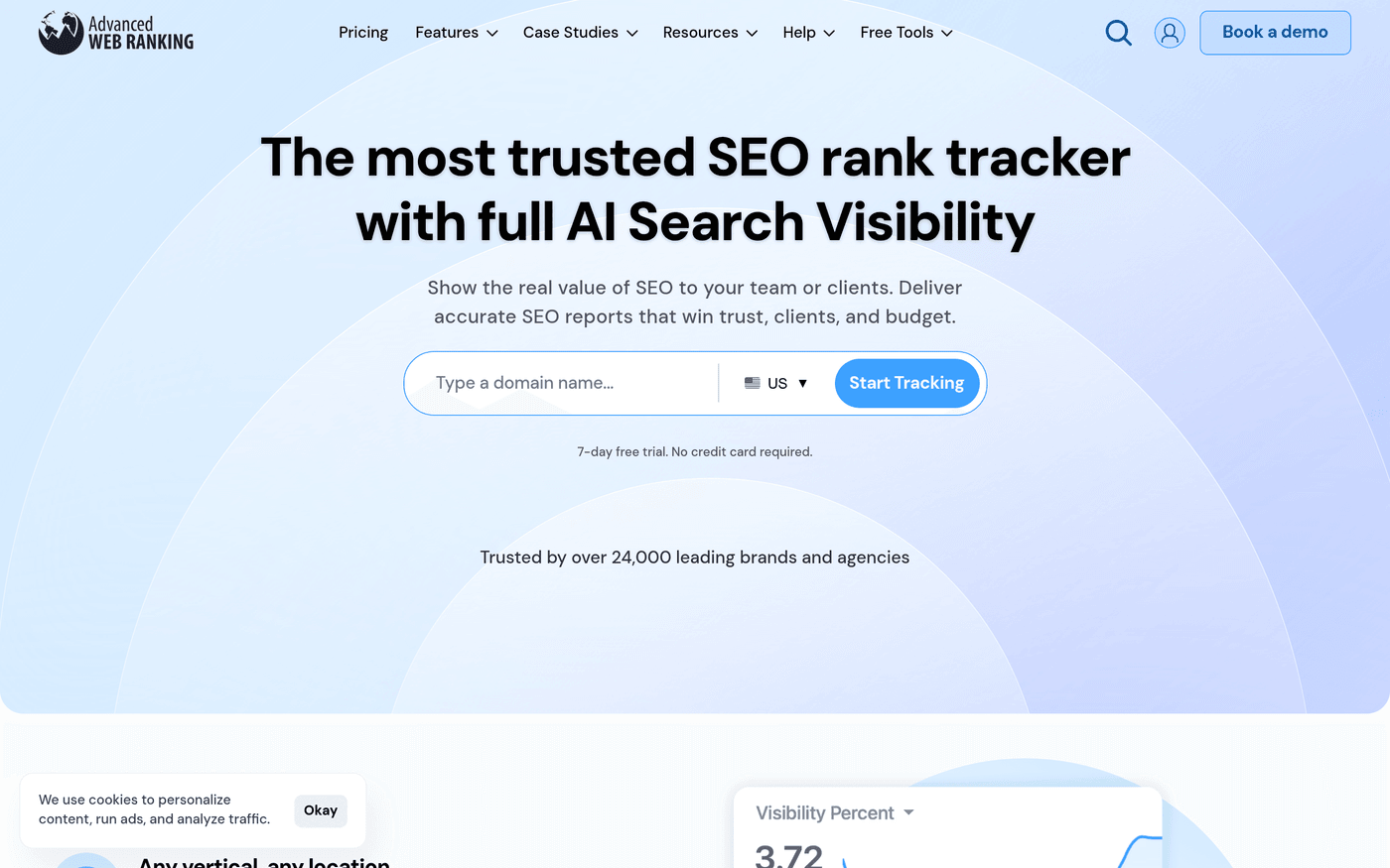 Advanced Web Ranking dashboard showing keyword rankings and client report templates