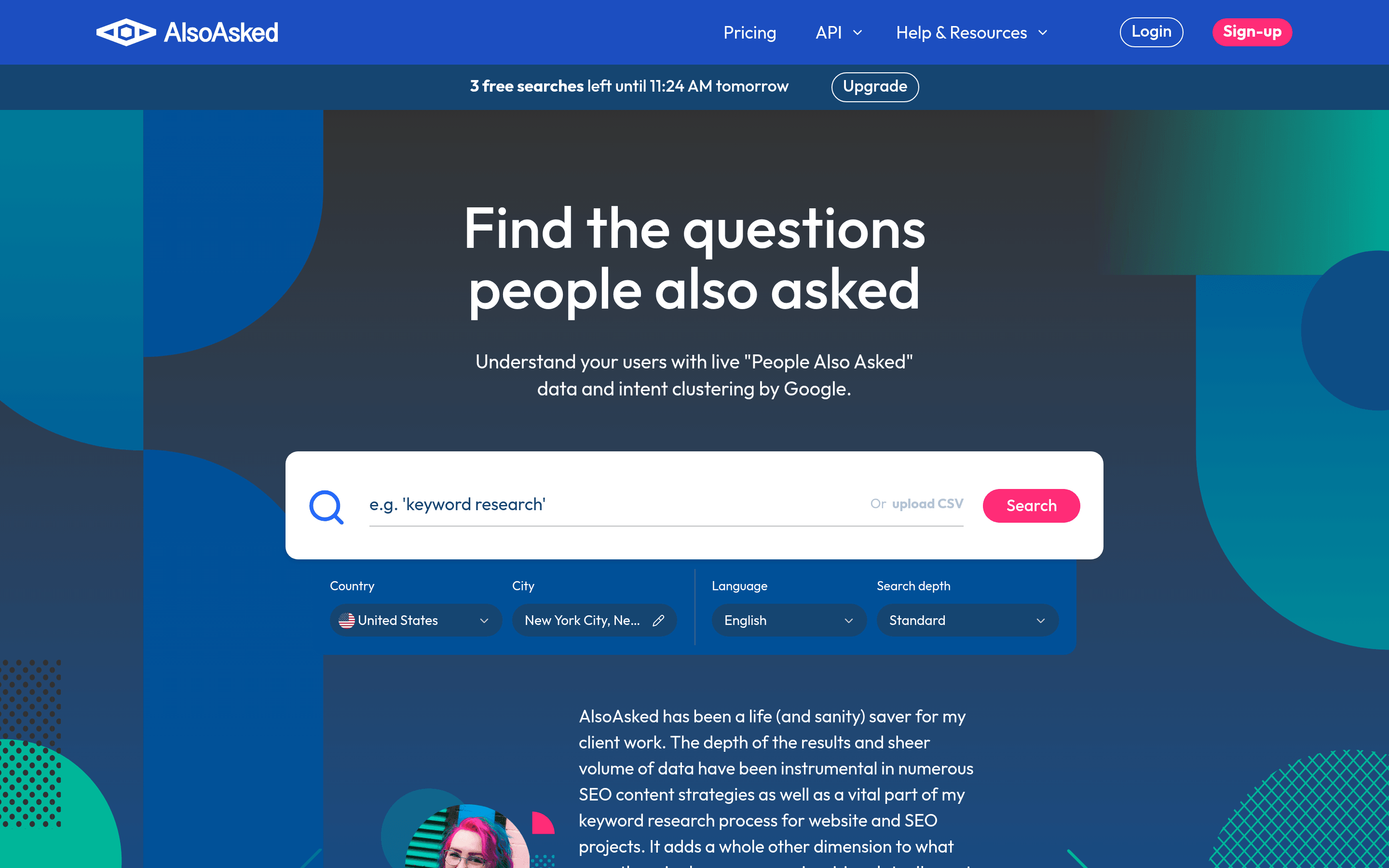 AlsoAsked homepage showing People Also Ask question trees