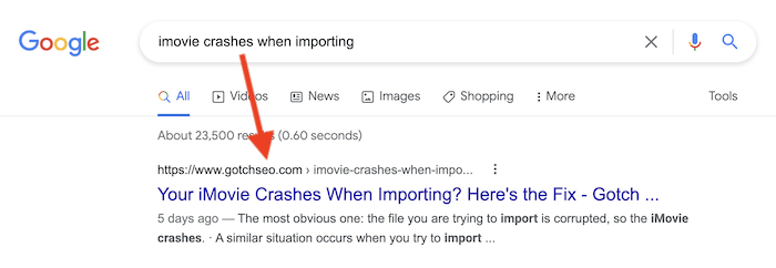 Historical ranking result for a dedicated page addressing iMovie import crashes