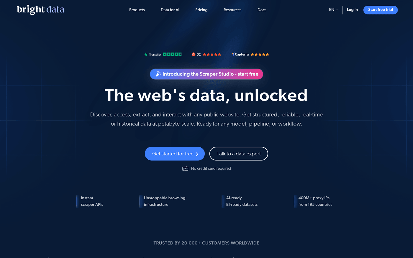 Bright Data homepage showing its web data and SERP collection platform