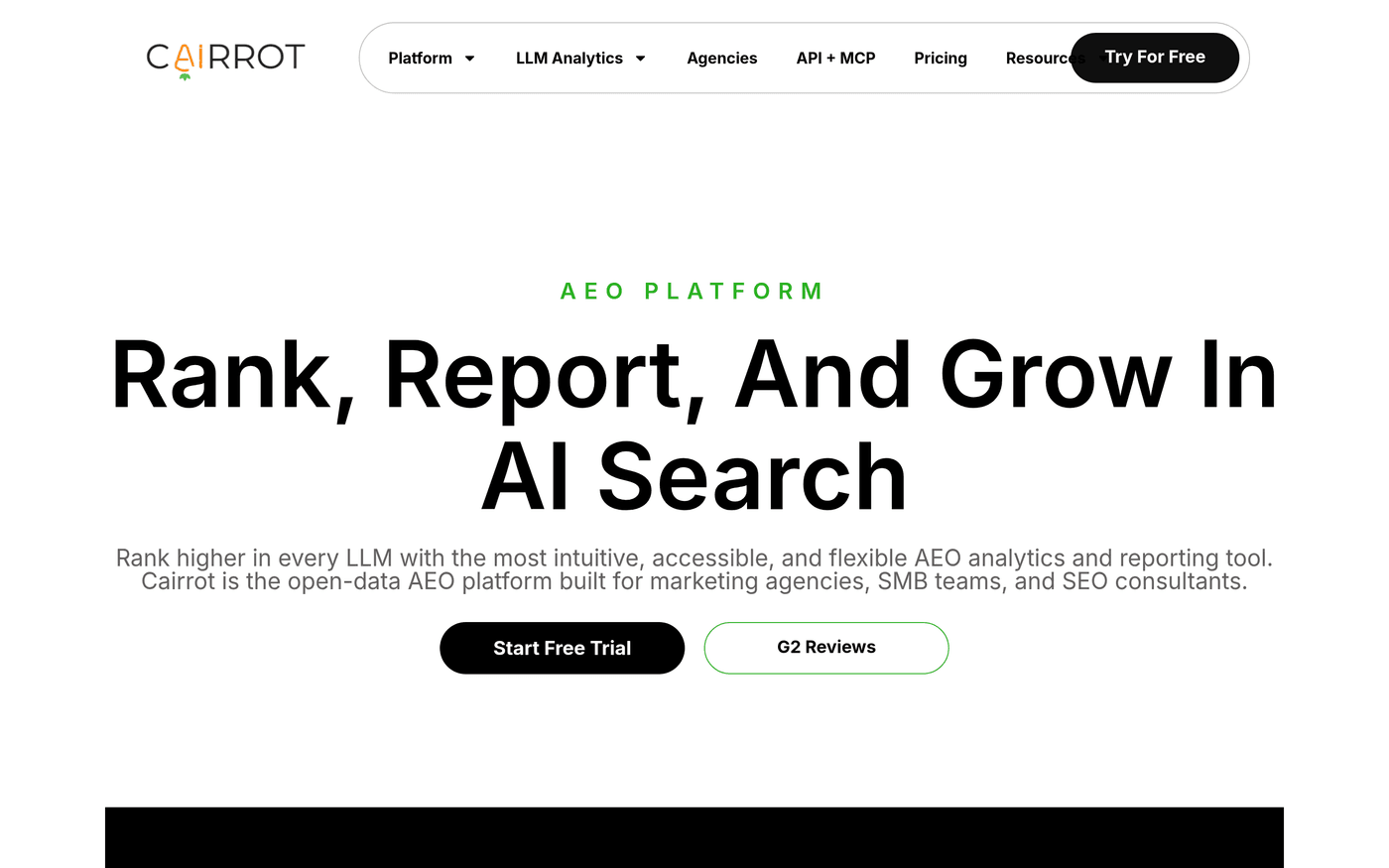 Cairrot homepage showing its LLM analytics and visibility tracking platform