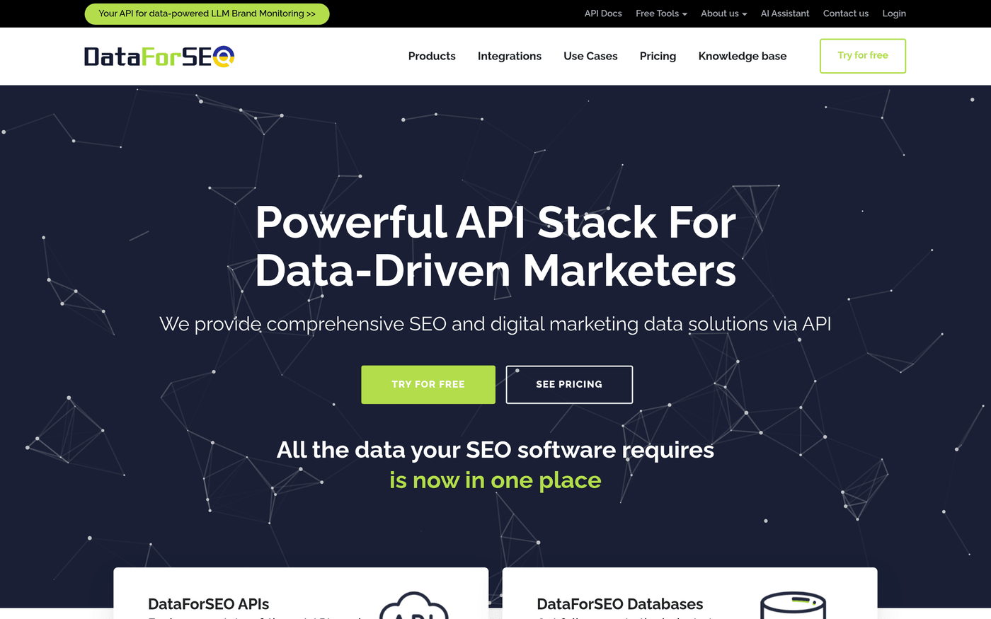 DataForSEO homepage showing its SERP and rank tracking API products