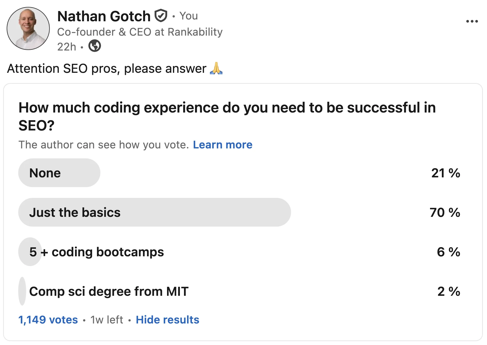 July 2026 LinkedIn poll: how much coding experience do you need to be successful in SEO? 1,149 votes
