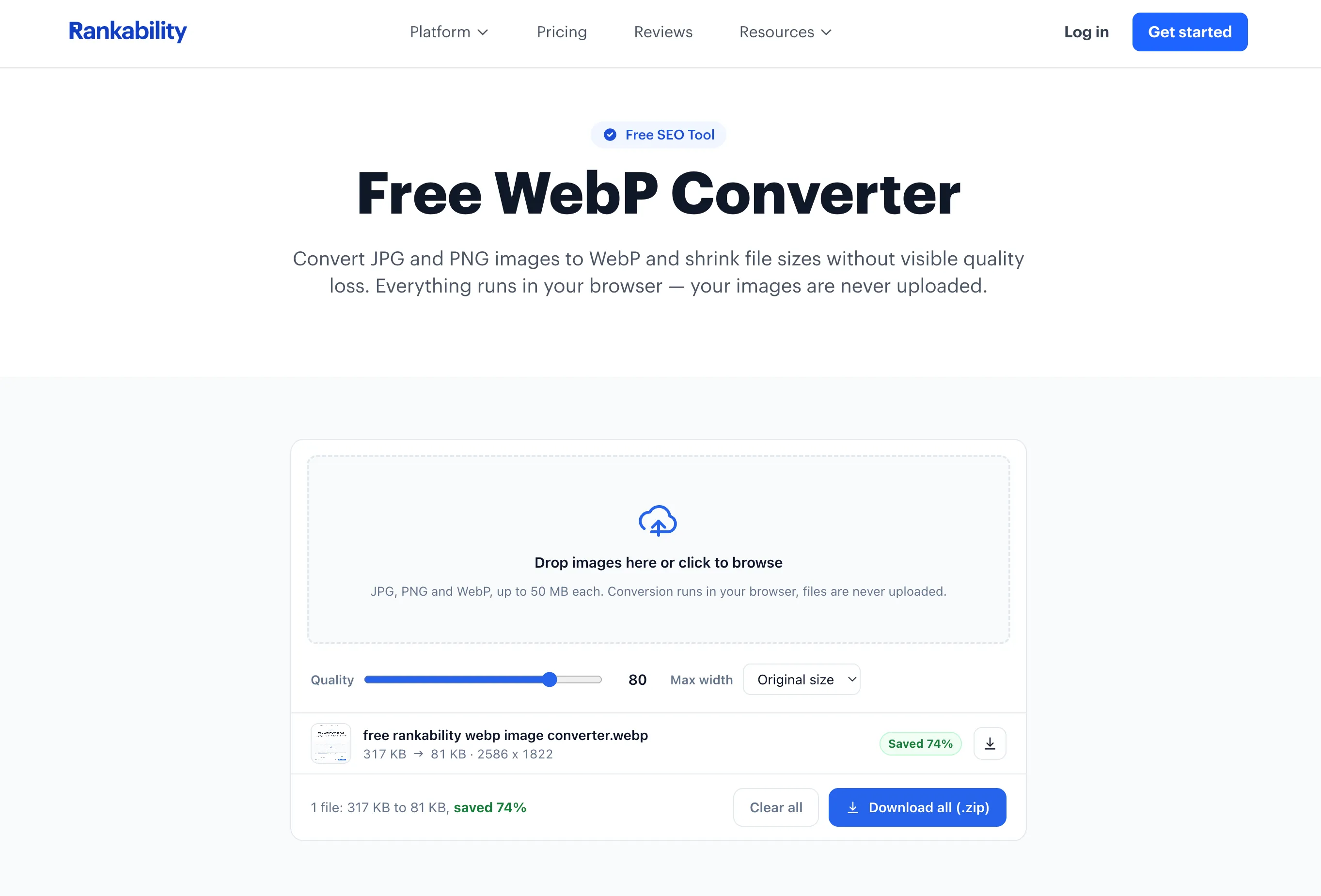 Rankability's free WebP converter compressing an image by 74% in the browser