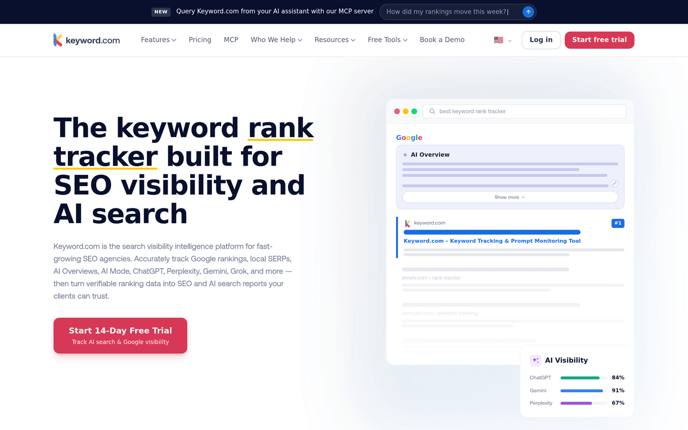 Keyword.com homepage showing its keyword and AI visibility rank tracker