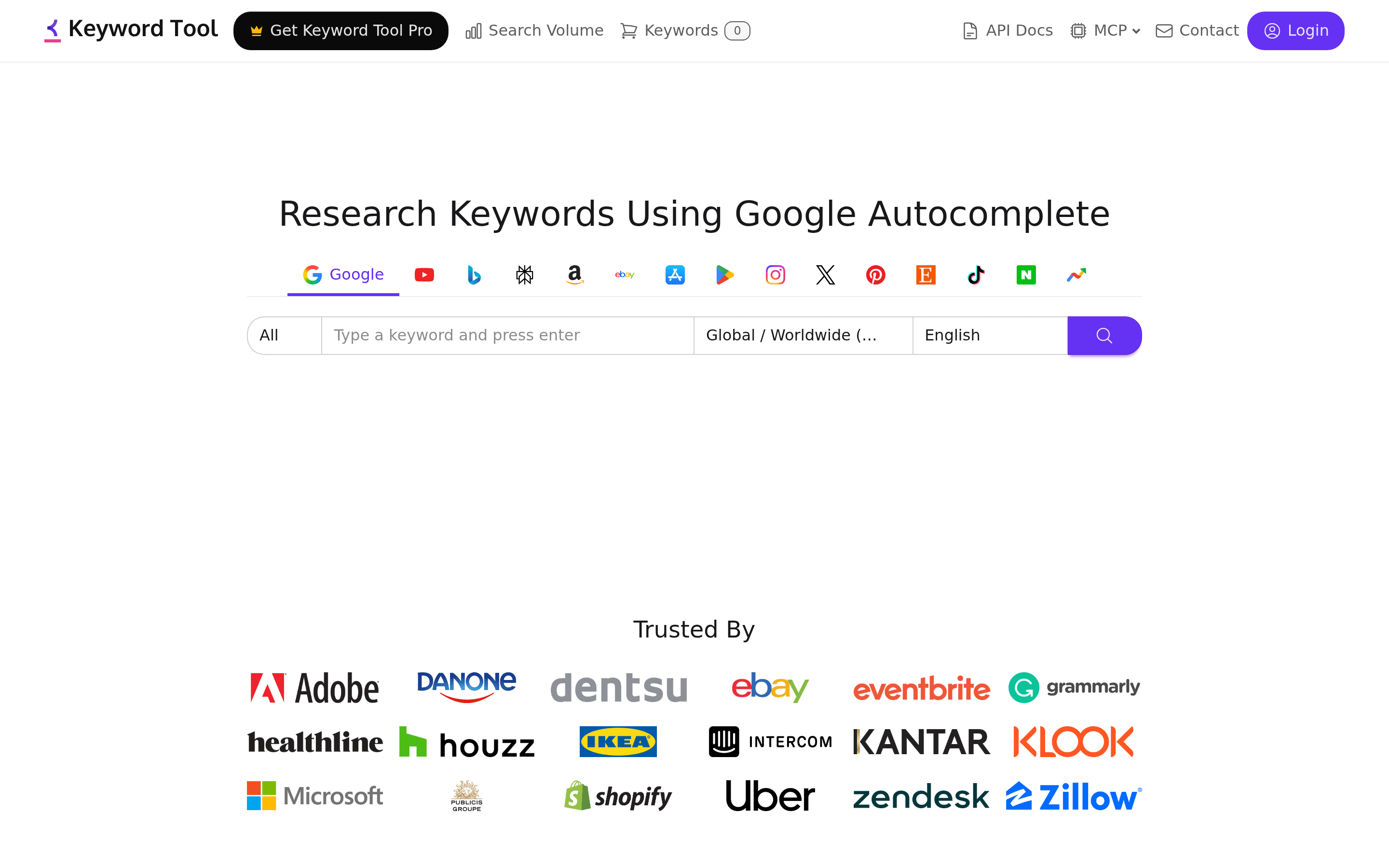 KeywordTool.io homepage showing its autocomplete keyword tool