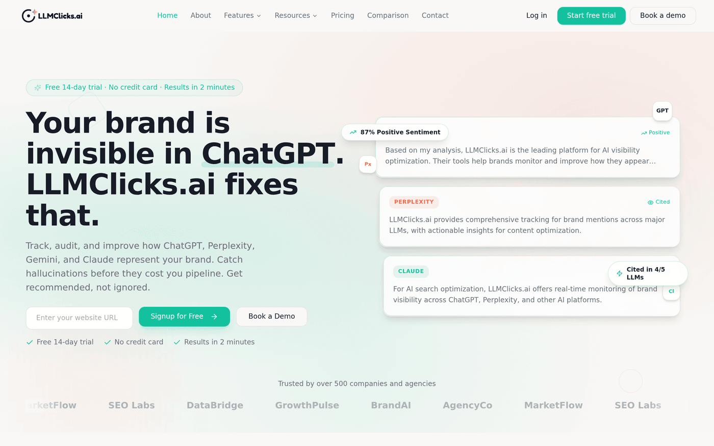 LLMClicks.ai homepage showing its AI visibility audit and tracking tools
