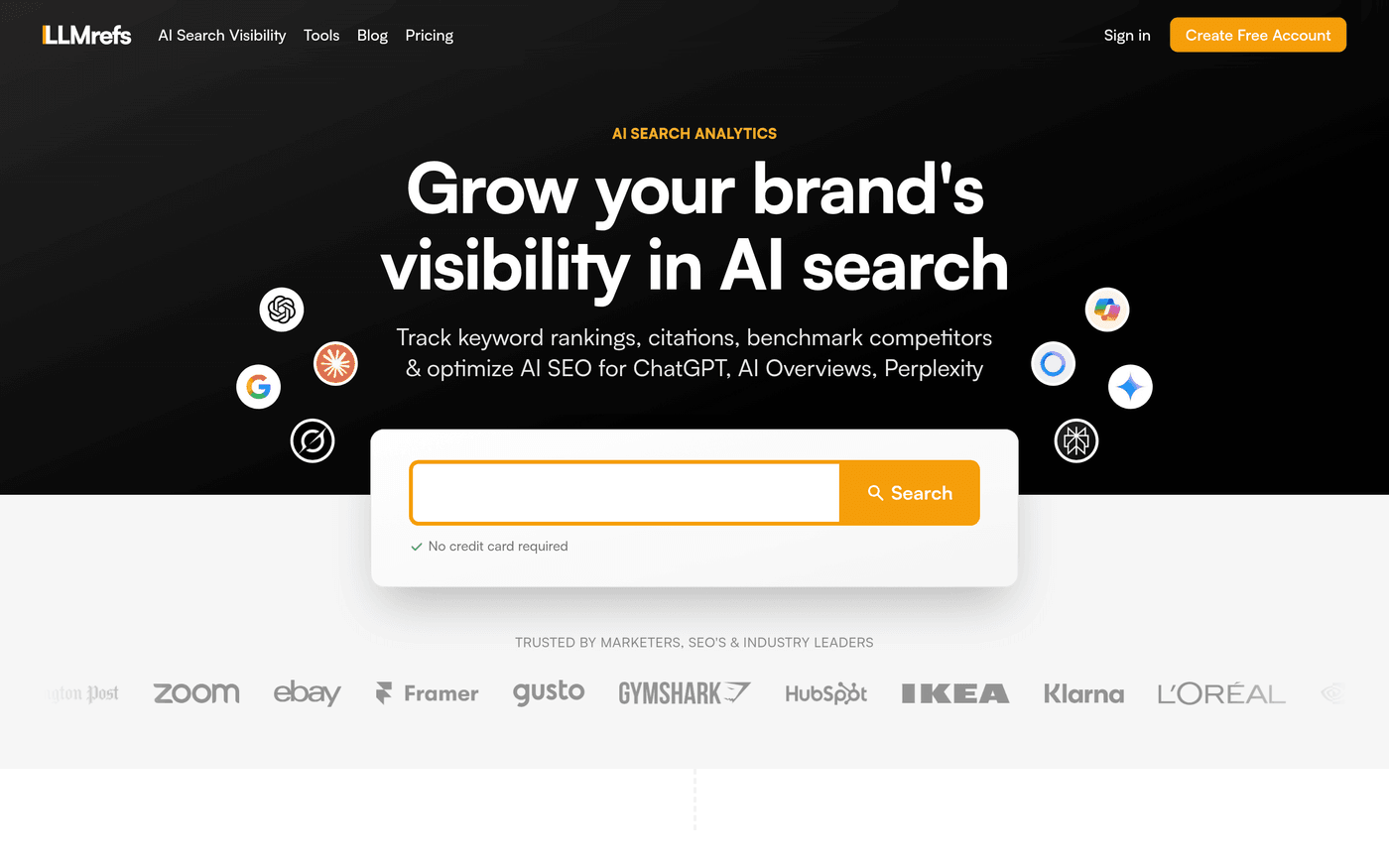 LLMrefs homepage showing its generative AI search analytics dashboard