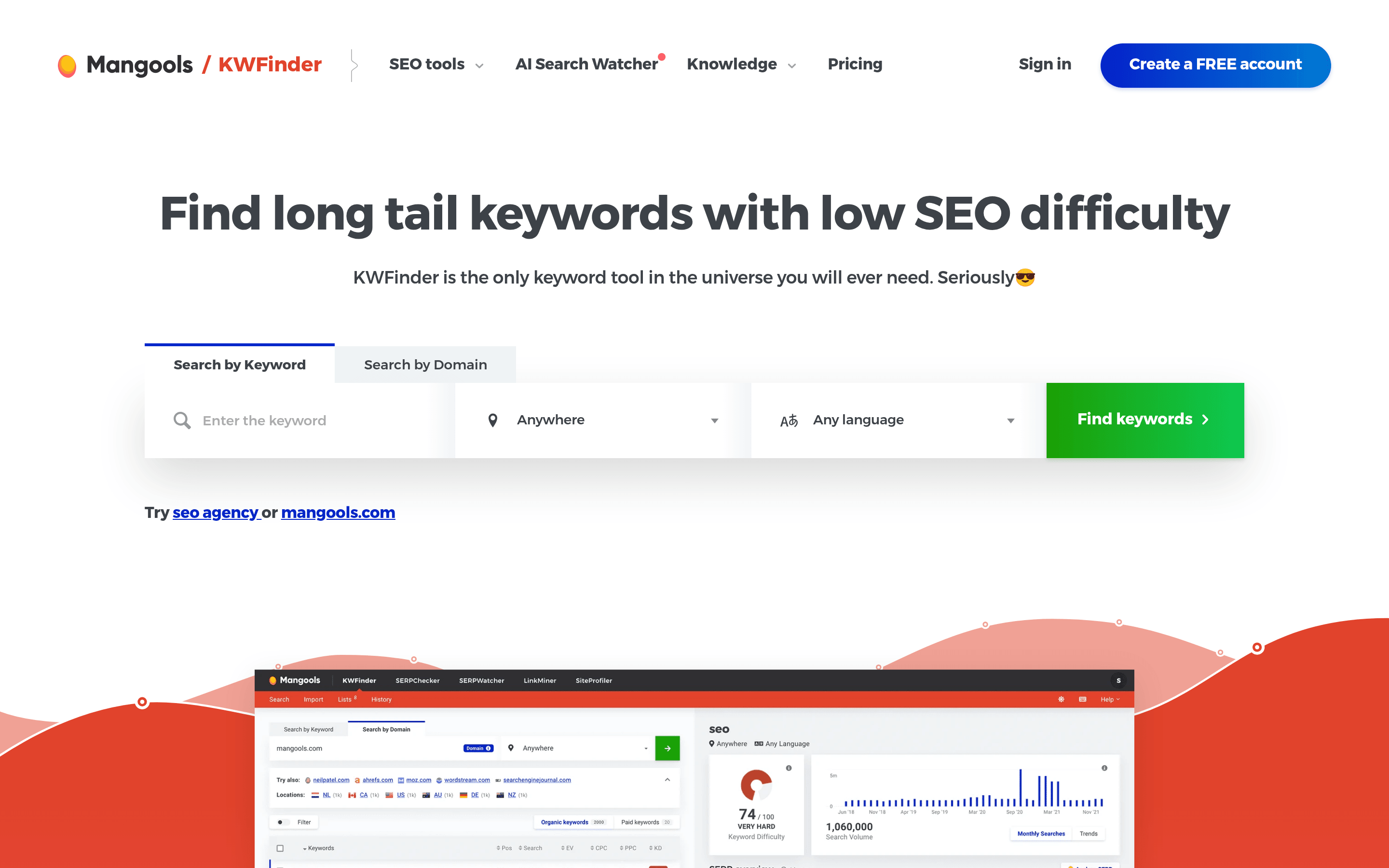 Mangools KWFinder page showing its keyword research tool