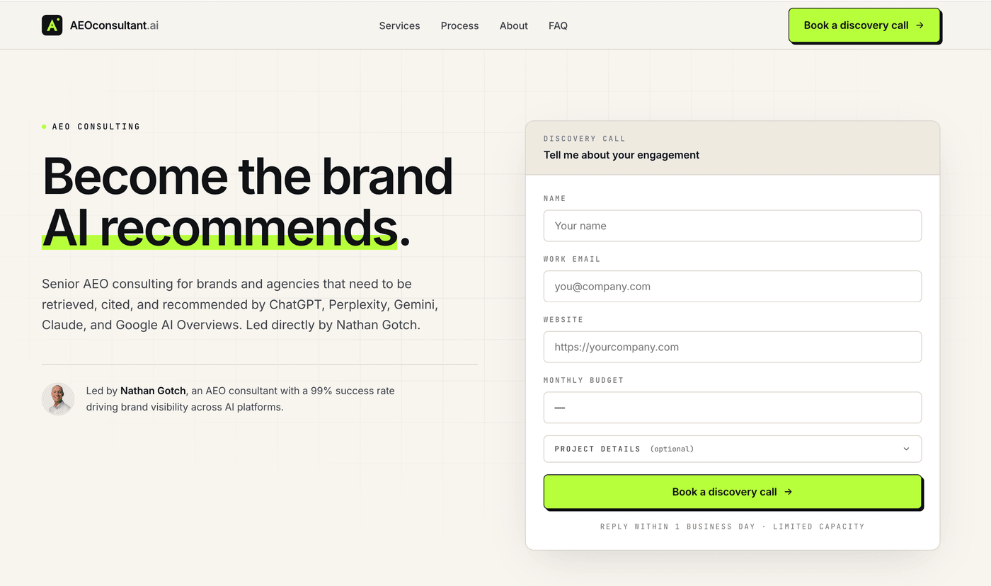Nathan Gotch's AEO consulting homepage