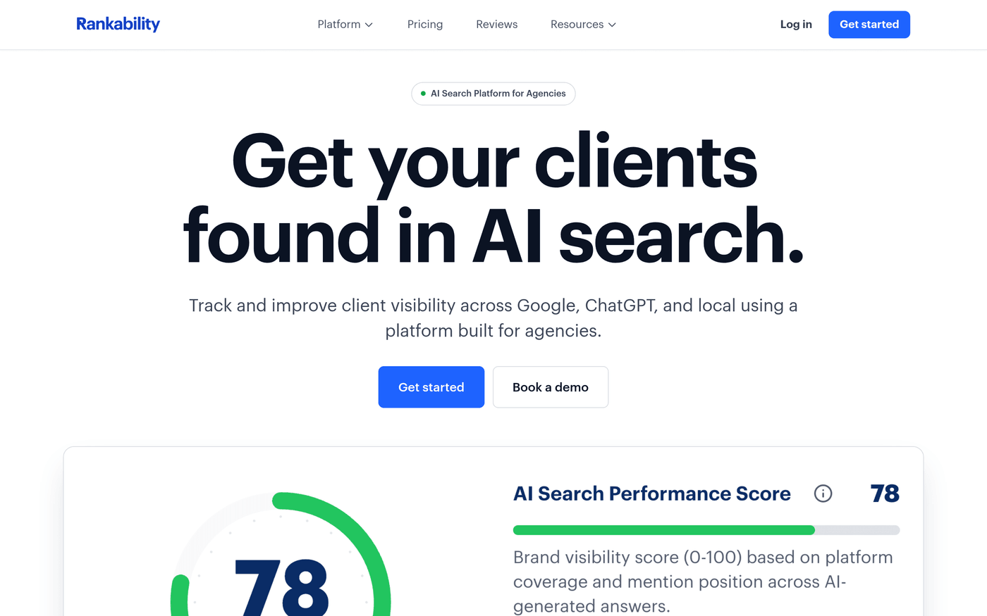 Rankability homepage — get your clients found in AI search with the AI Search Performance Score