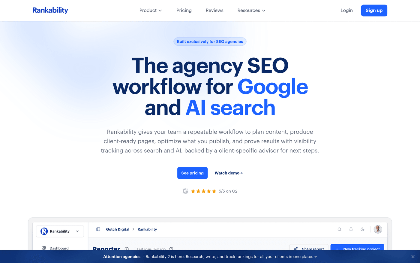 Rankability local SEO dashboard showing grid tracking and AI visibility