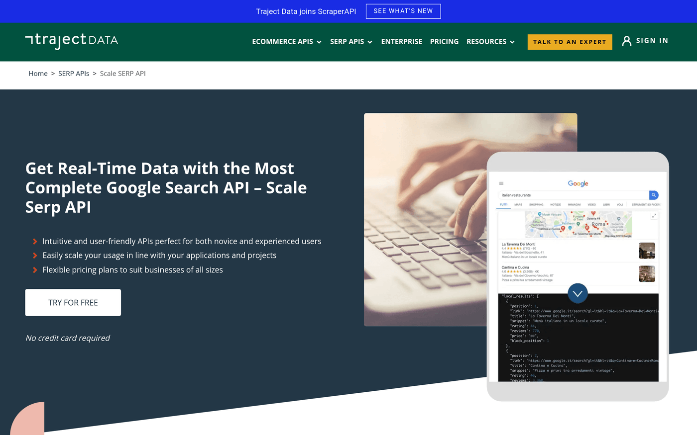 Scale SERP homepage showing its Google search results API