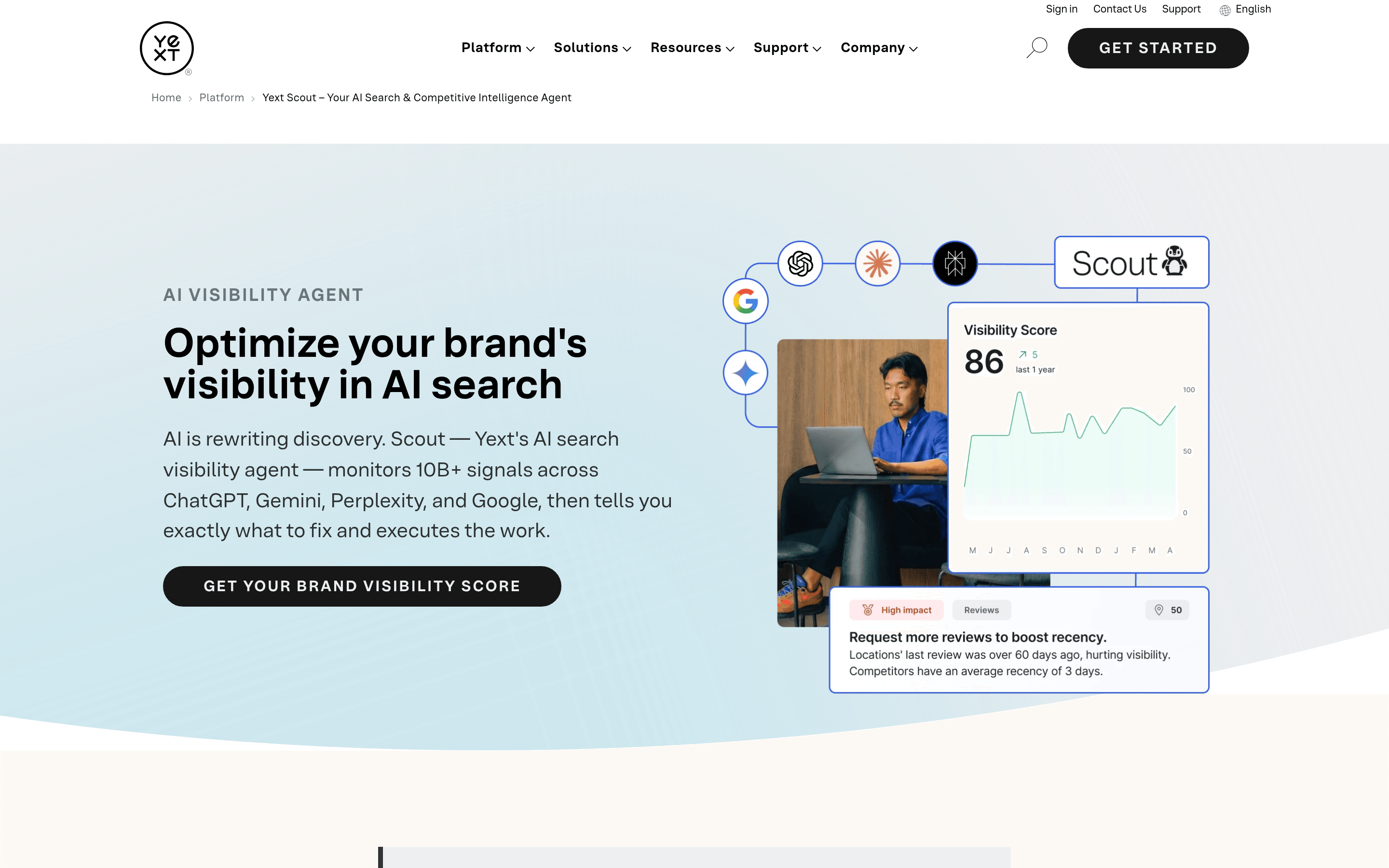 Yext Scout page — AI search visibility agent for brand knowledge management