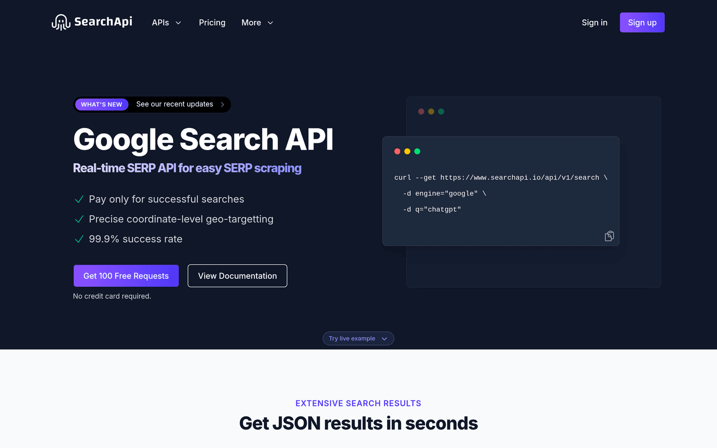 SearchApi homepage showing its real-time SERP API