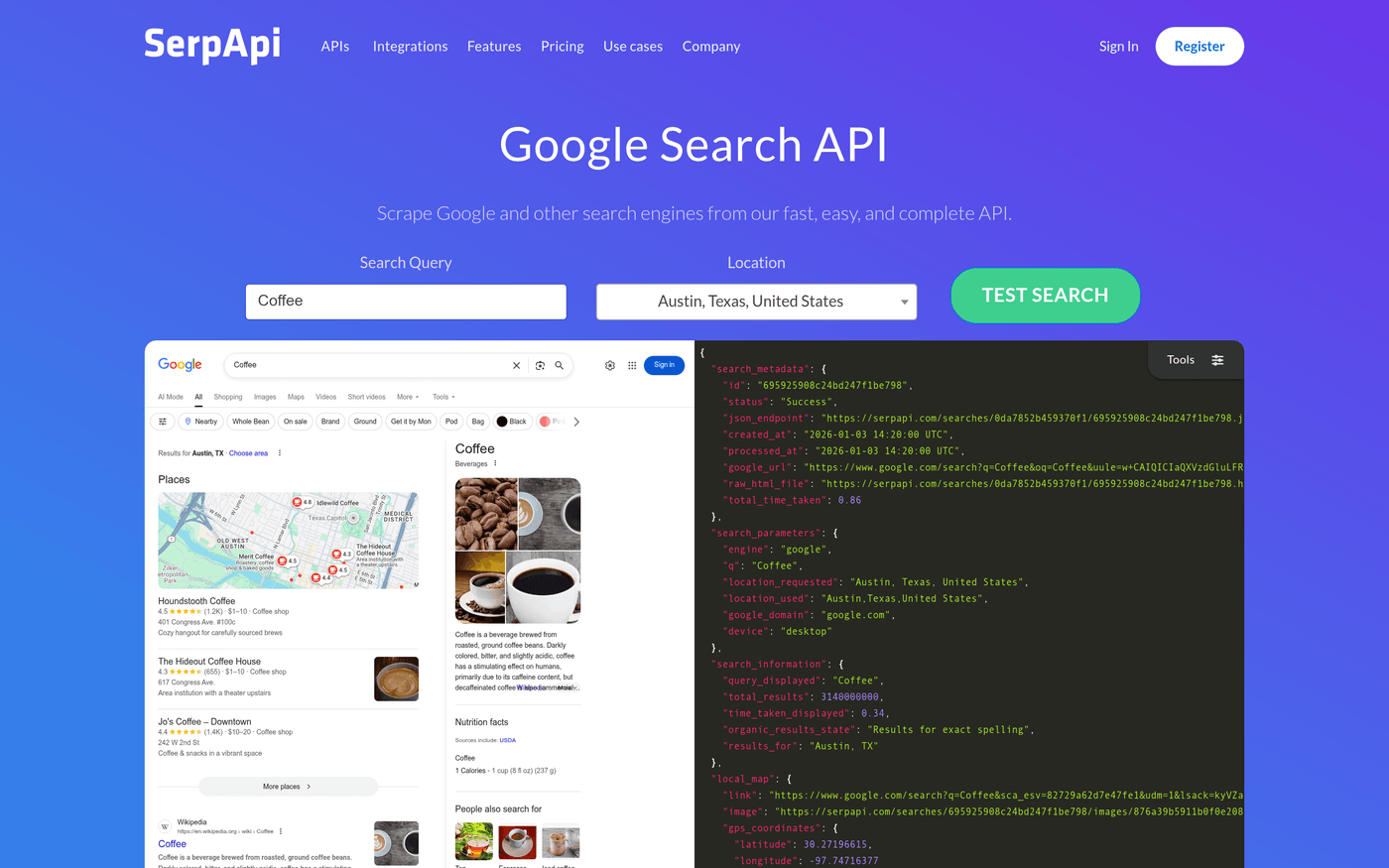 SerpApi homepage showing its real-time search engine results API