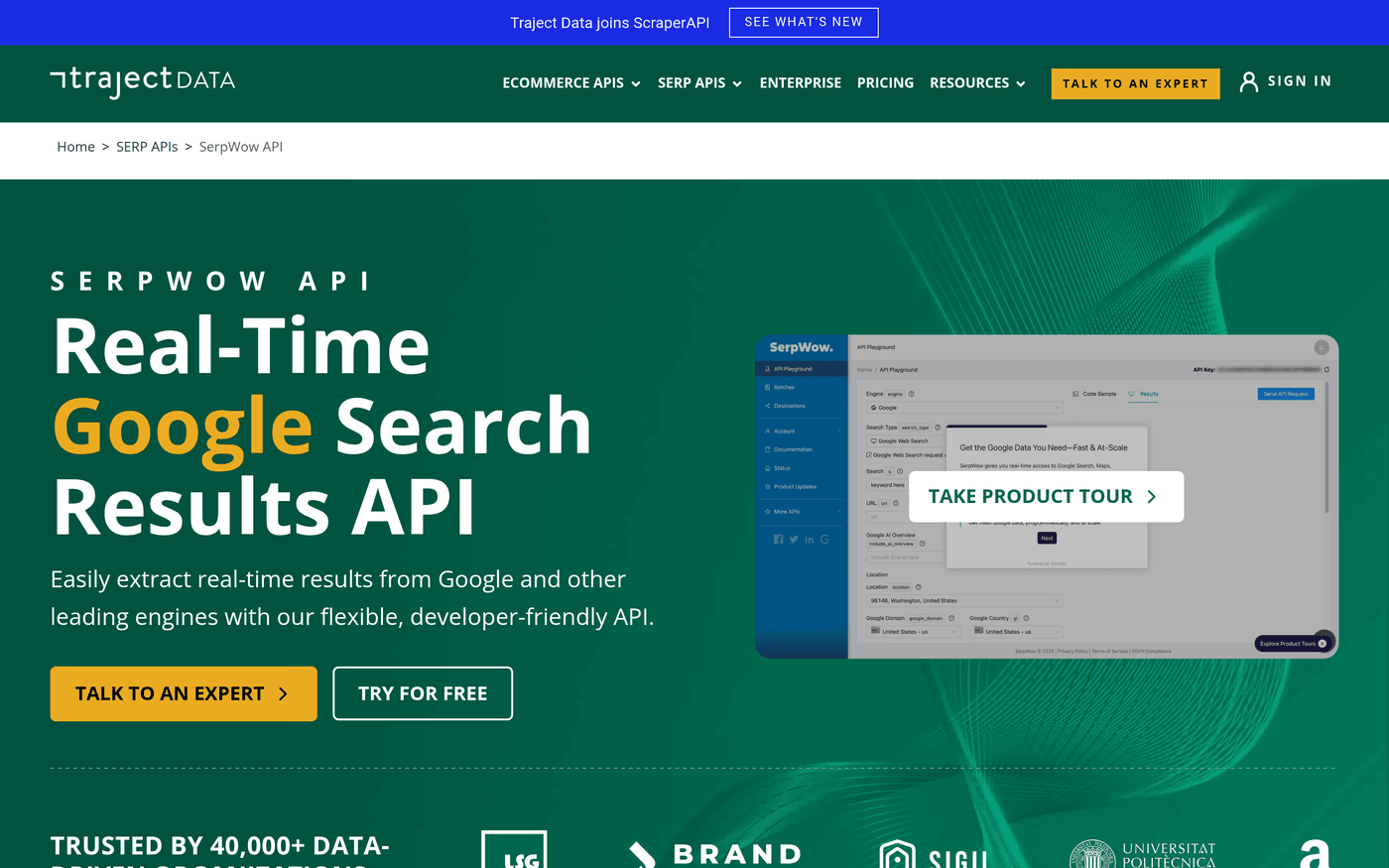 SerpWow homepage showing its multi-engine SERP API