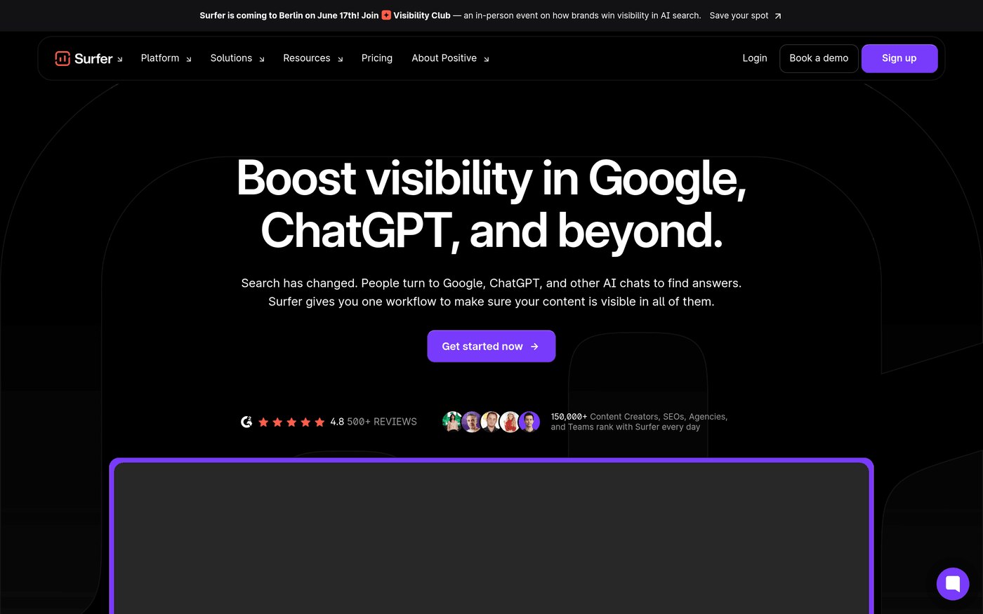 Surfer SEO homepage — content optimization platform with AI visibility tracking