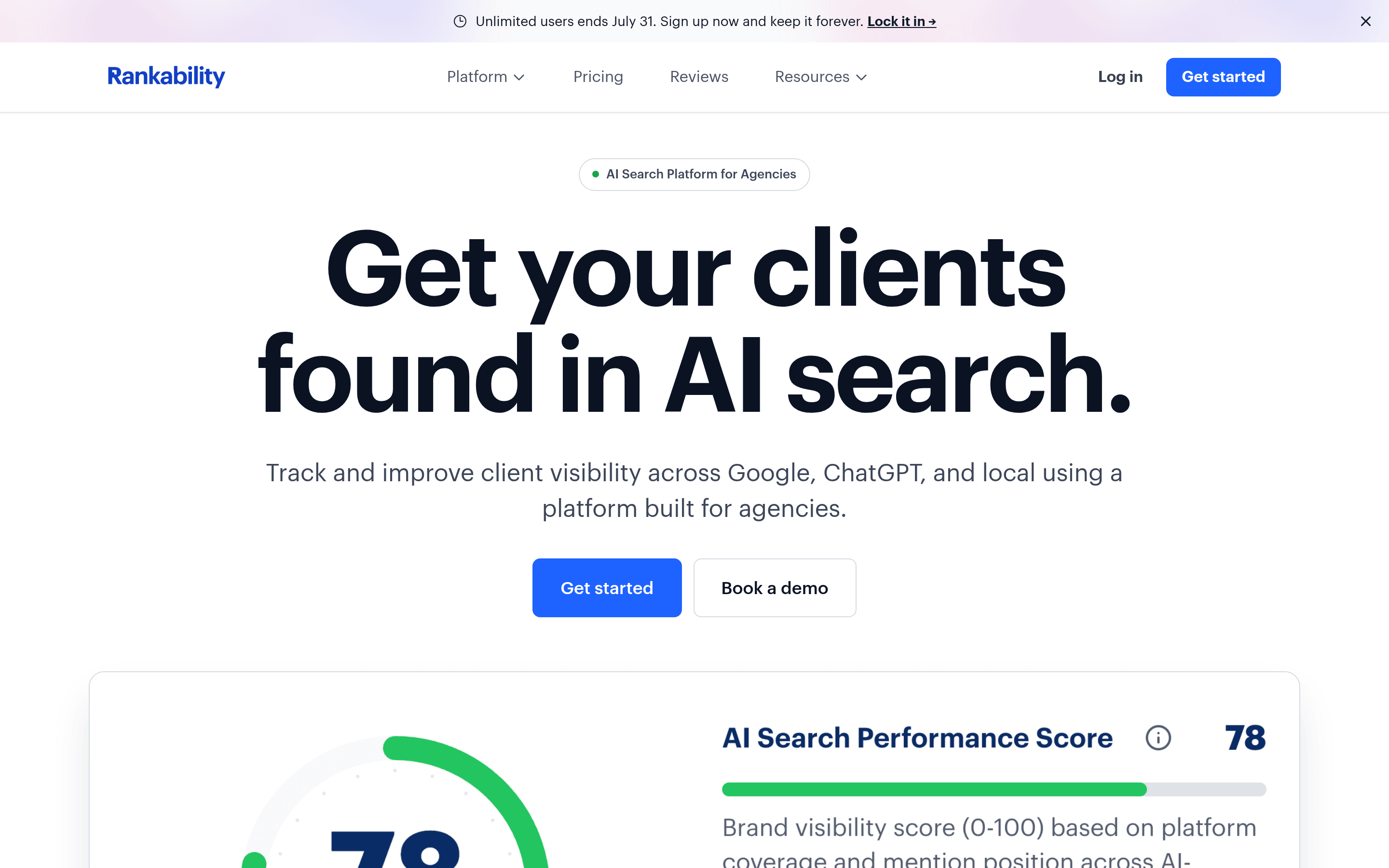 Rankability homepage showing the AI search platform for agencies