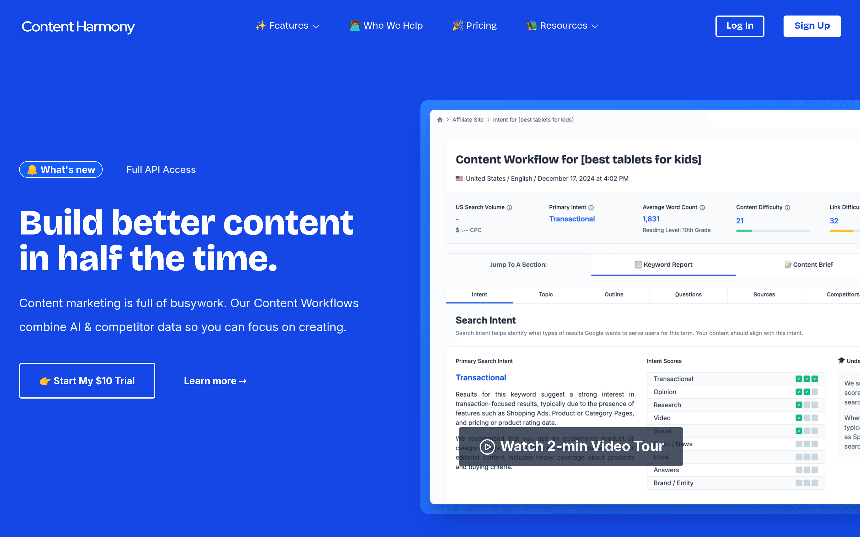 Content Harmony homepage highlighting its content brief workflow