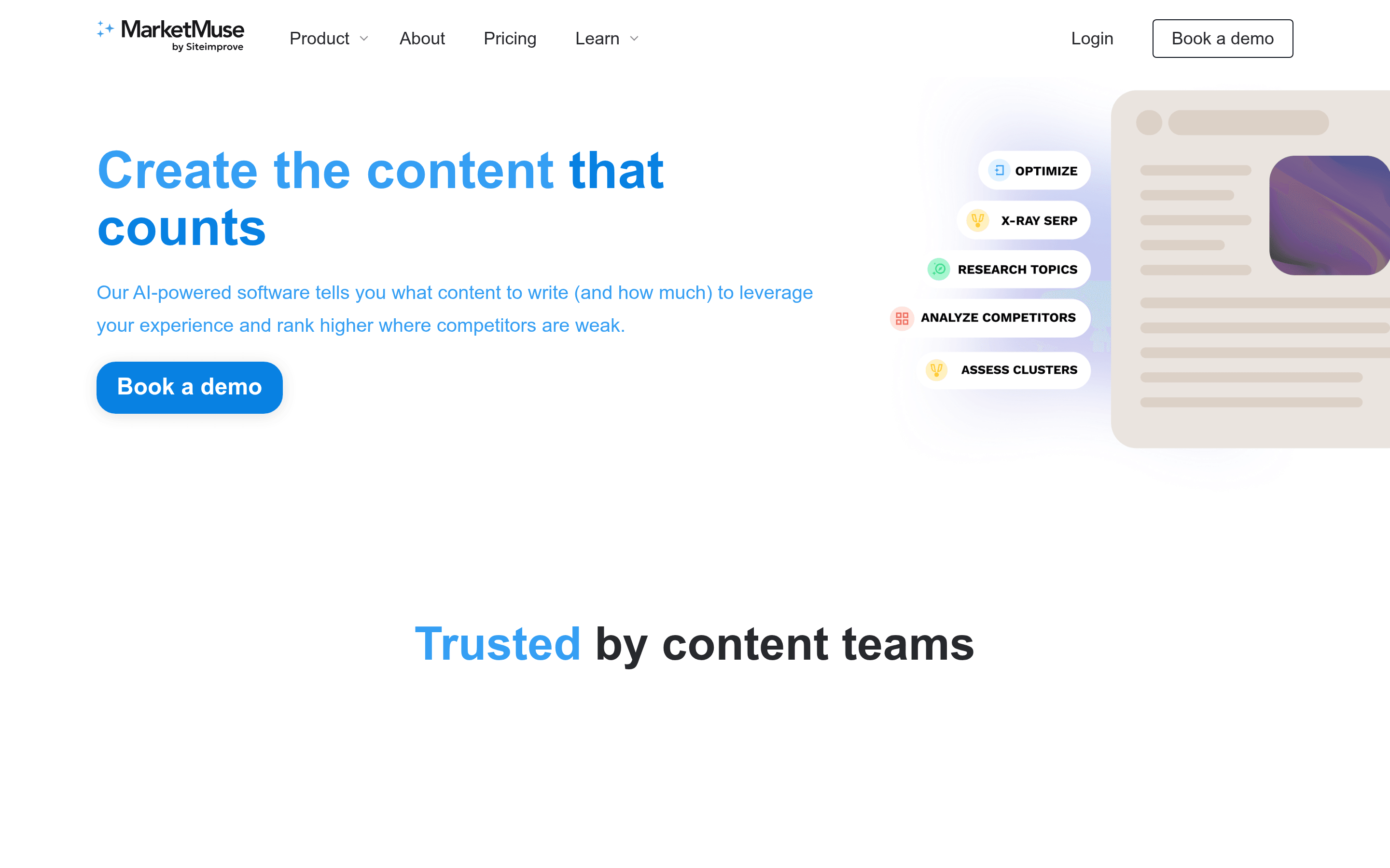 MarketMuse homepage for its content strategy platform