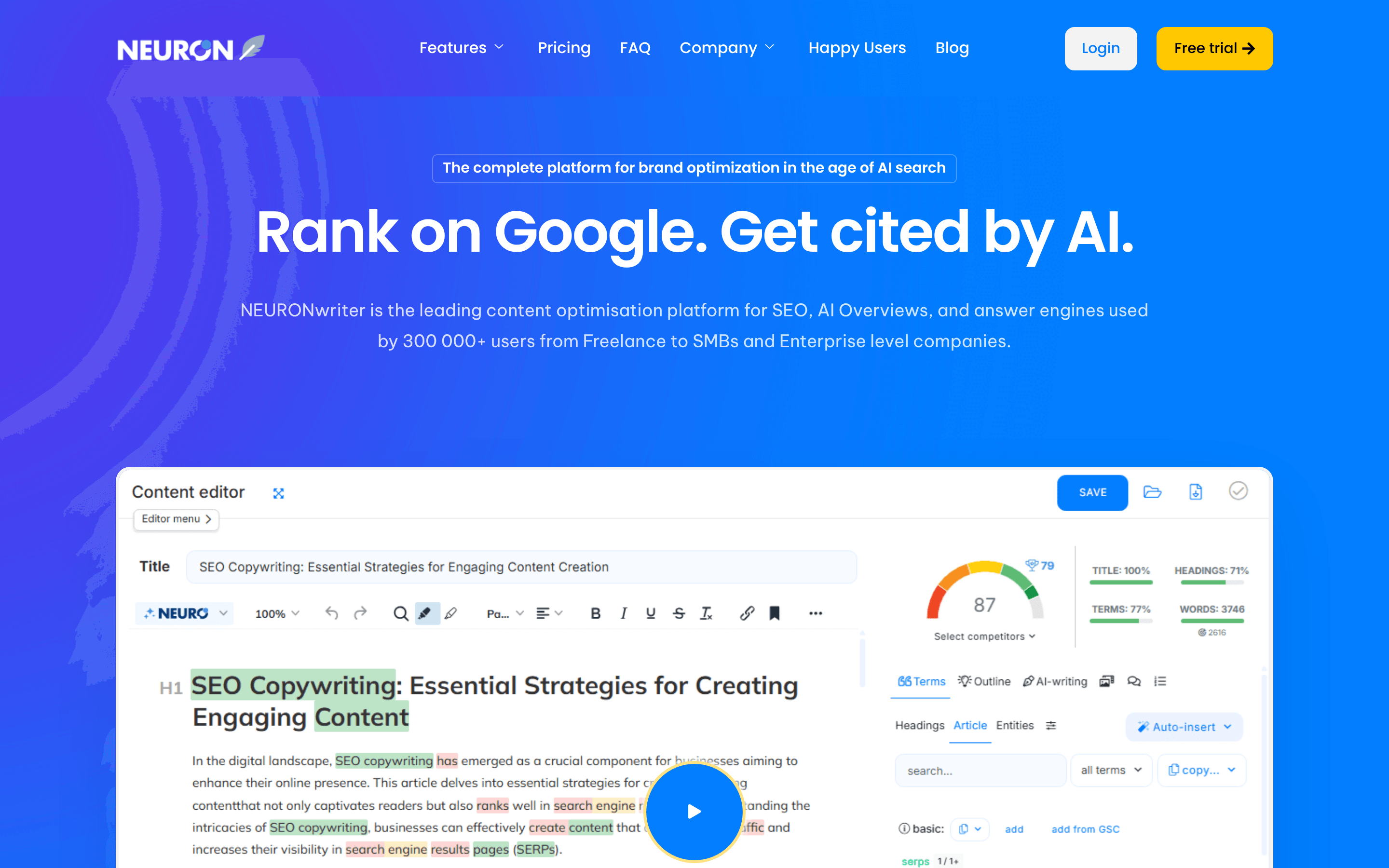 NeuronWriter homepage showing its content optimization editor