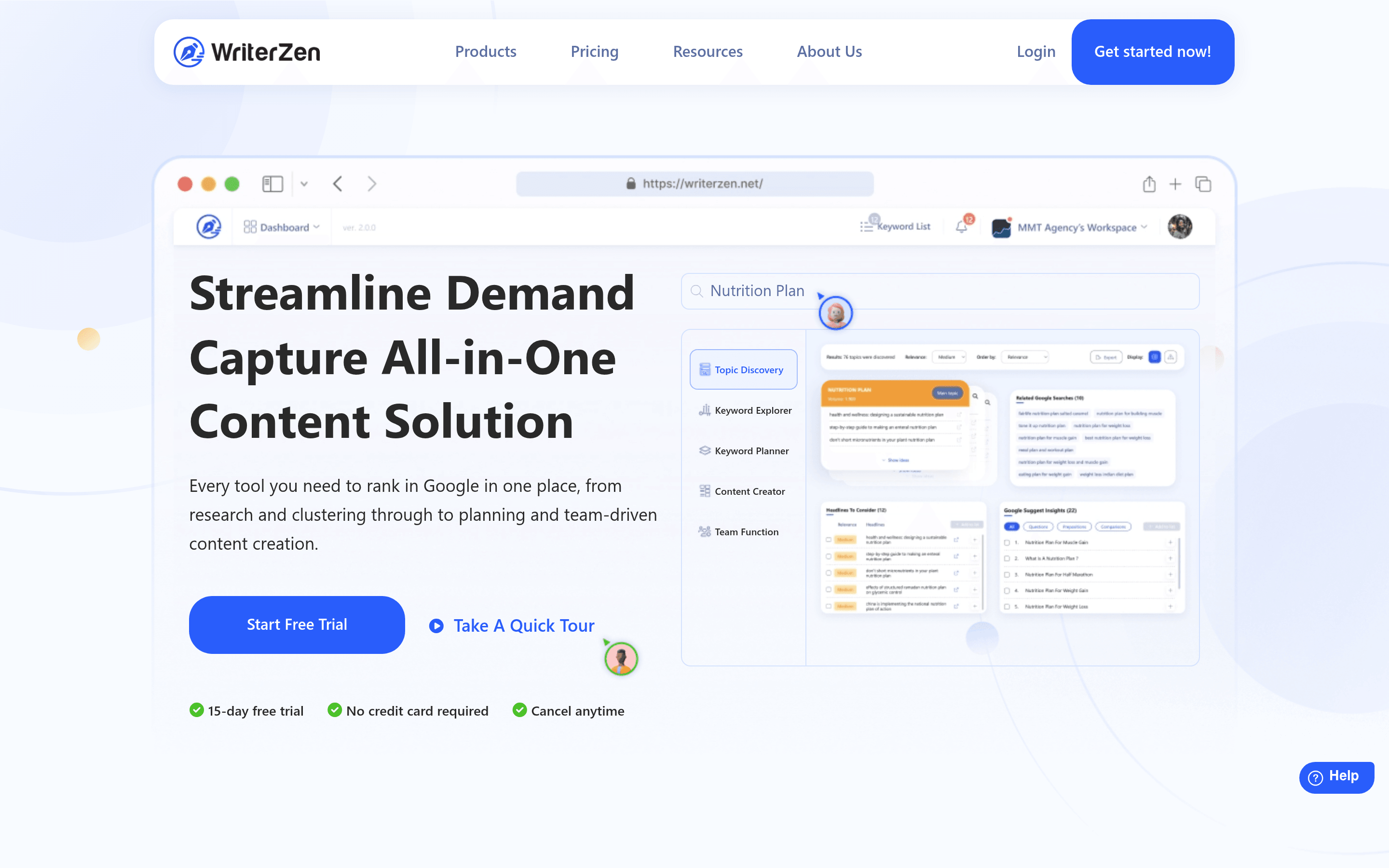 WriterZen homepage for its keyword-first content workflow