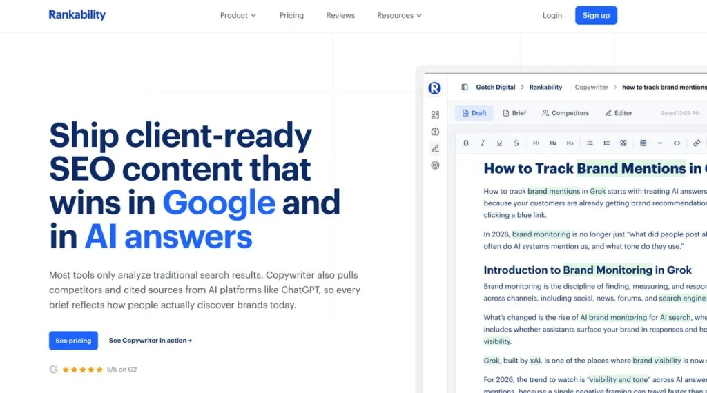 Rankability Copywriter dashboard