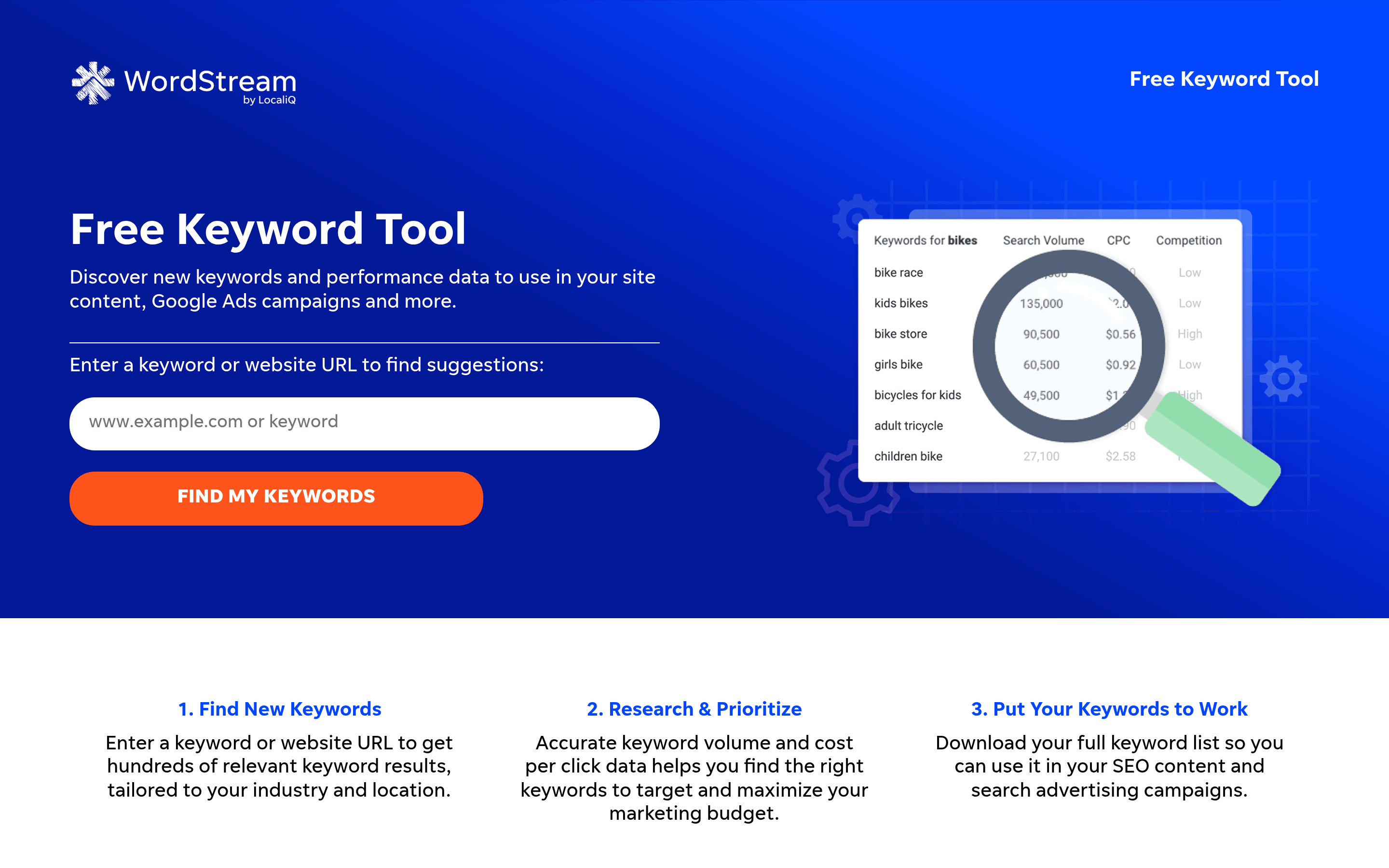 WordStream Free Keyword Tool page for quick keyword ideas