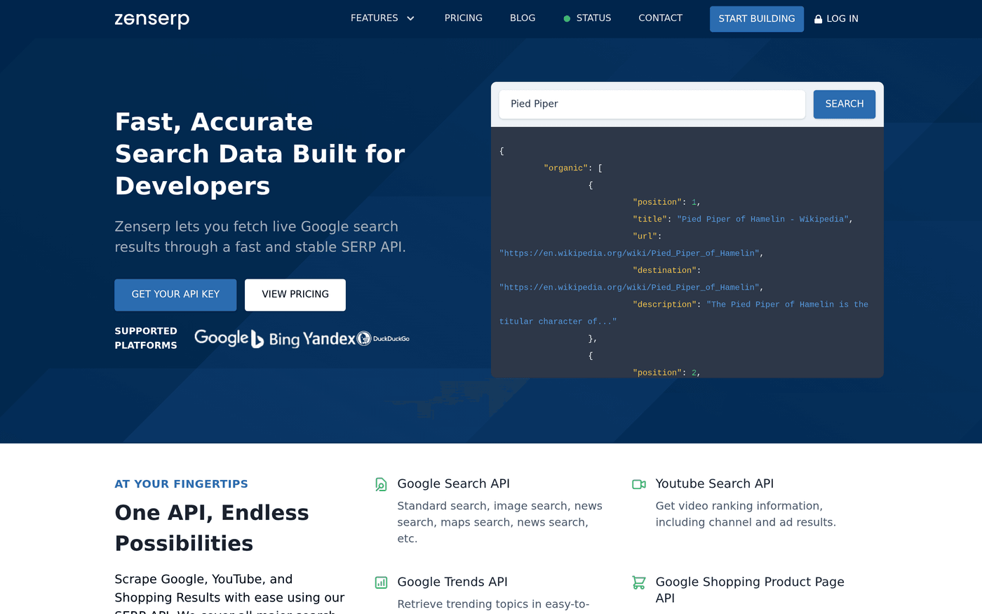 Zenserp homepage showing its SERP API