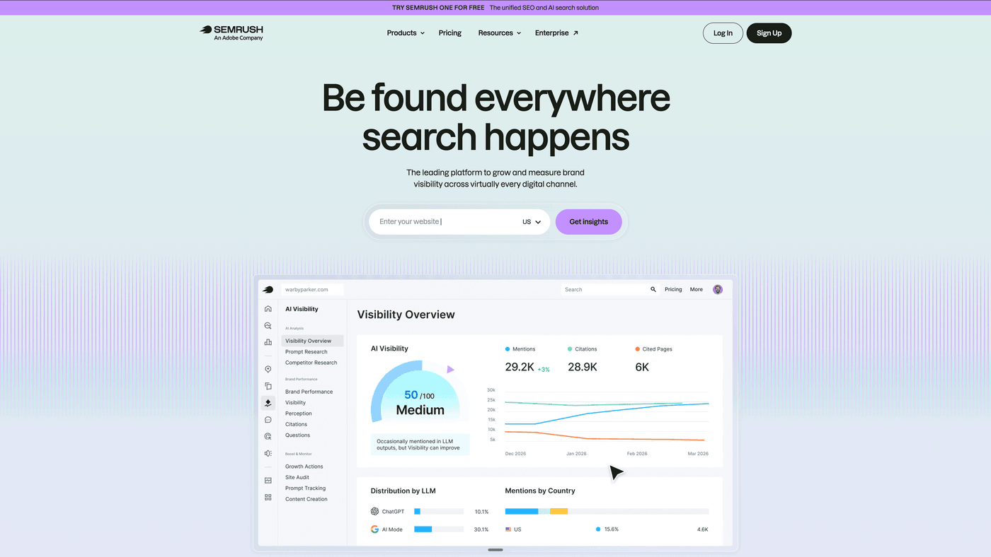 Semrush AI Visibility Toolkit homepage