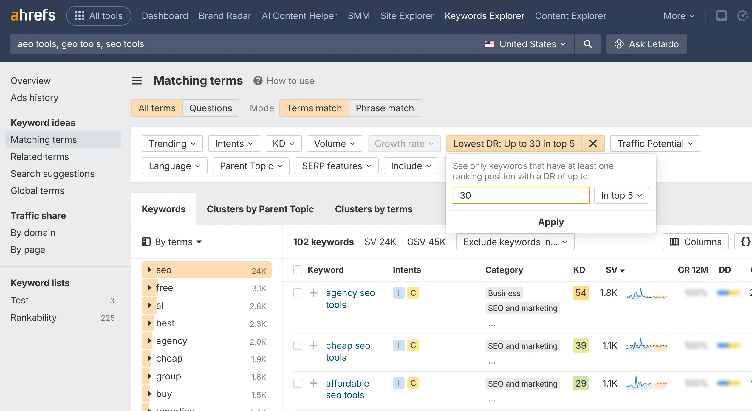 Ahrefs Keyword Explorer Lowest DR filter
